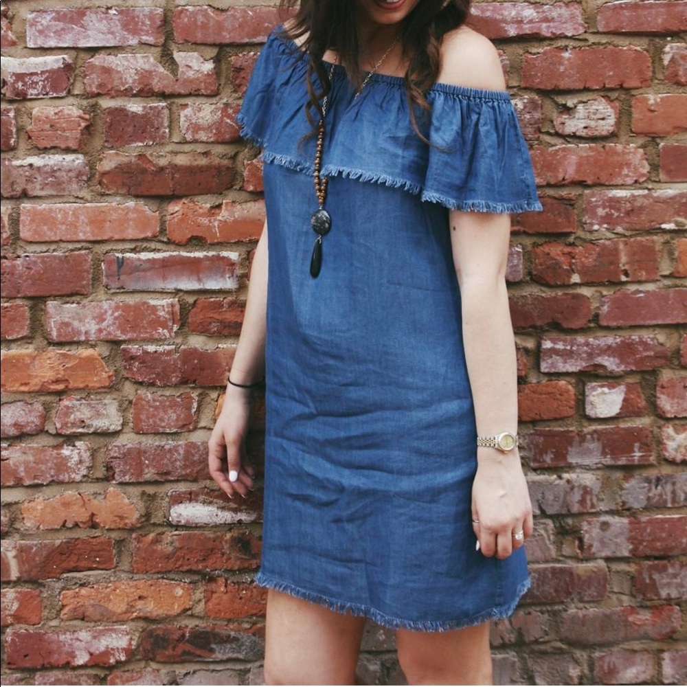 Chambray Jean Off The Shoulder Dress